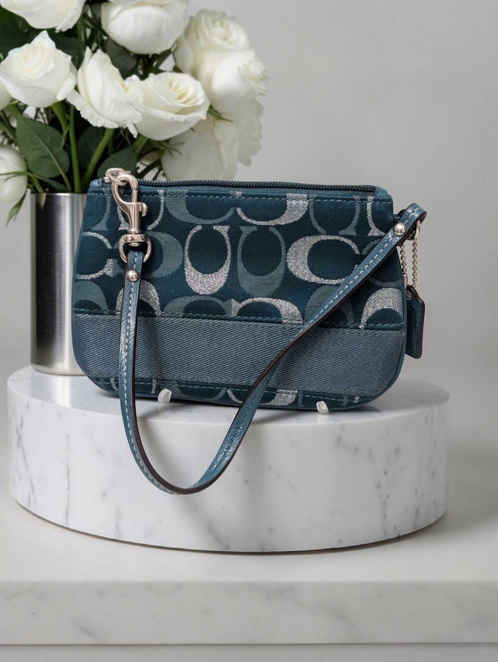 Coach Teal Signature Wristlet with Metallic Accents